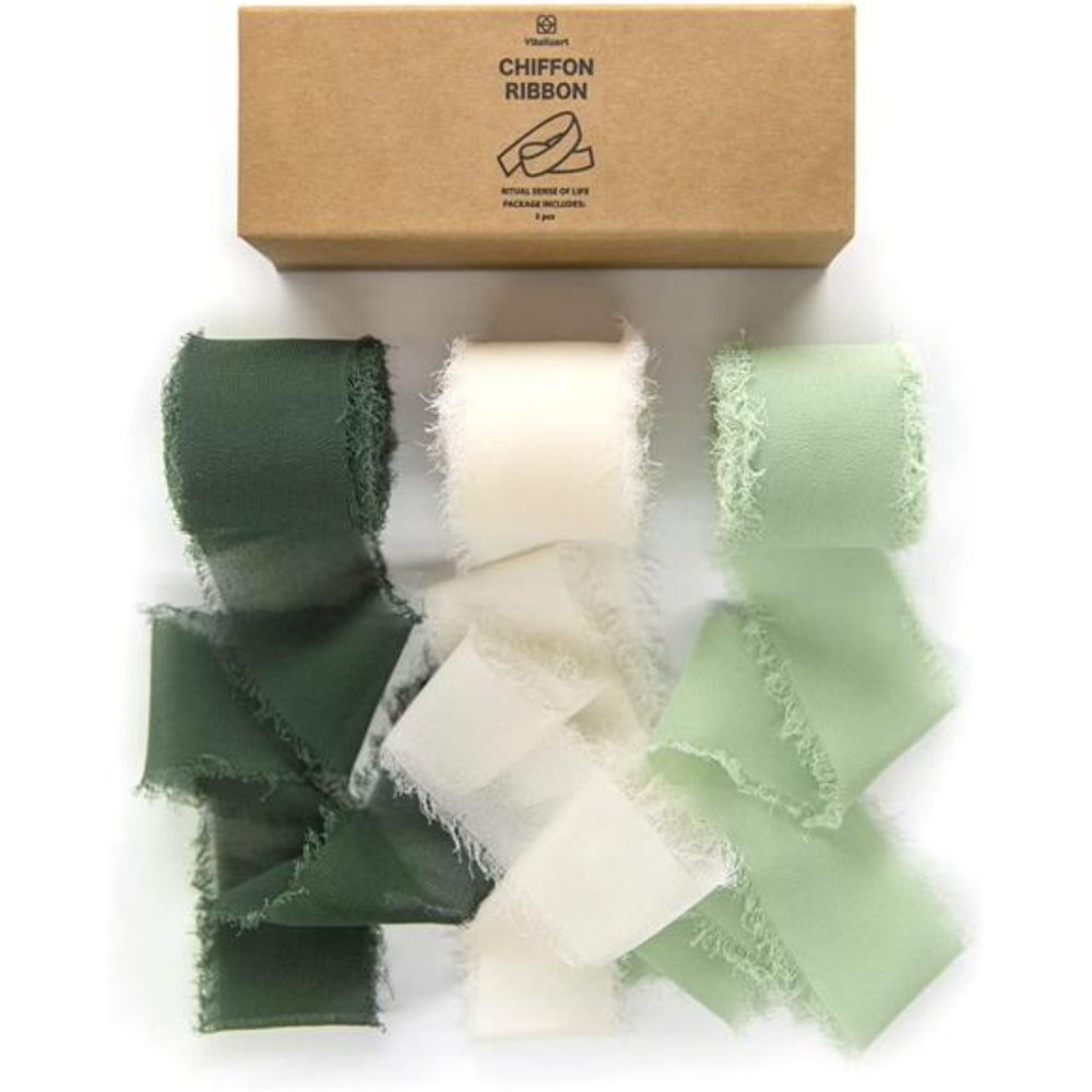 3 Rolls Handmade Fringe Chiffon Silk Ribbon Gauze 1.5" x7Yd Cream &Green Ribbons
